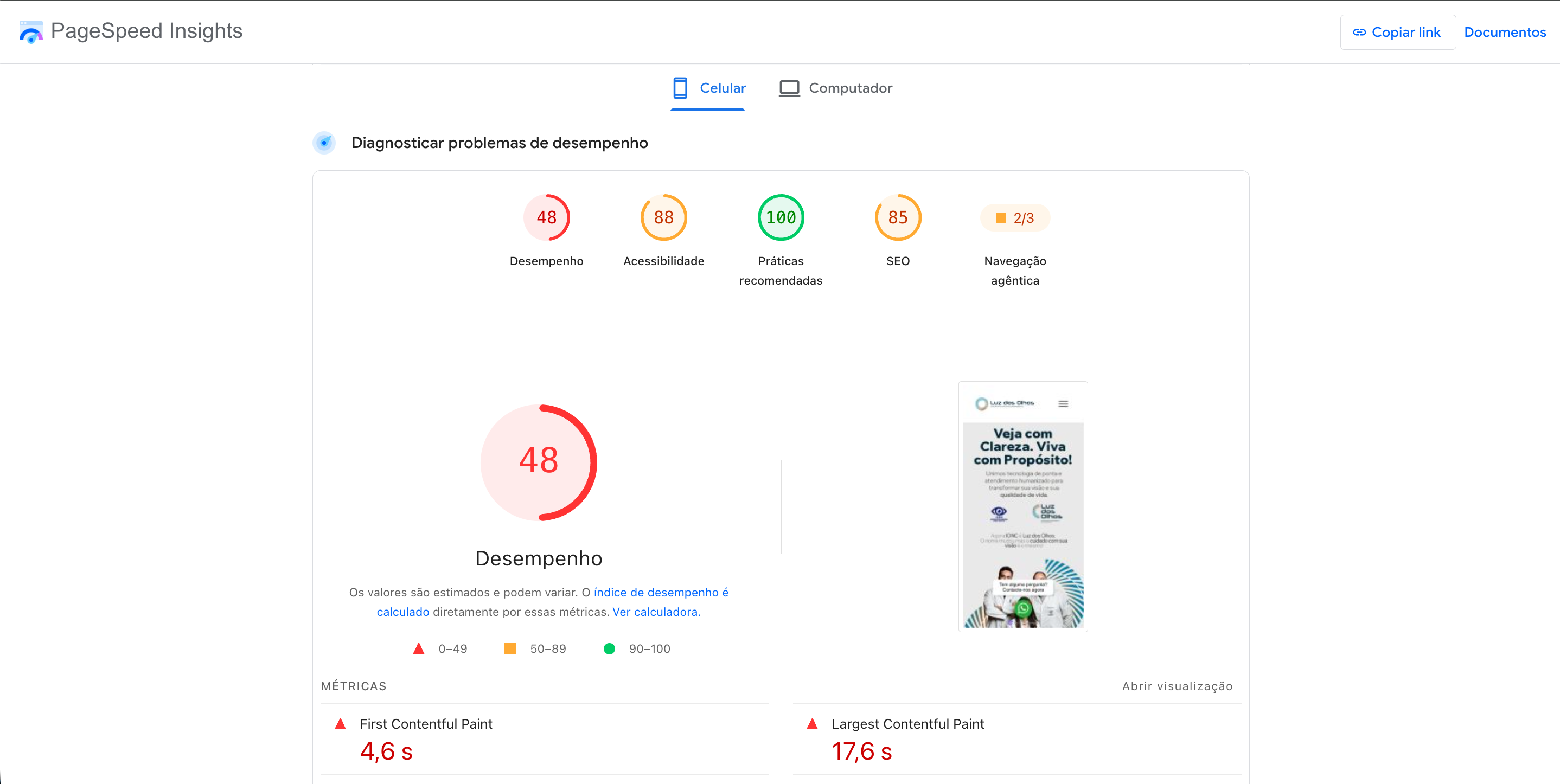 PageSpeed Insights - Nota 48 de Desempenho